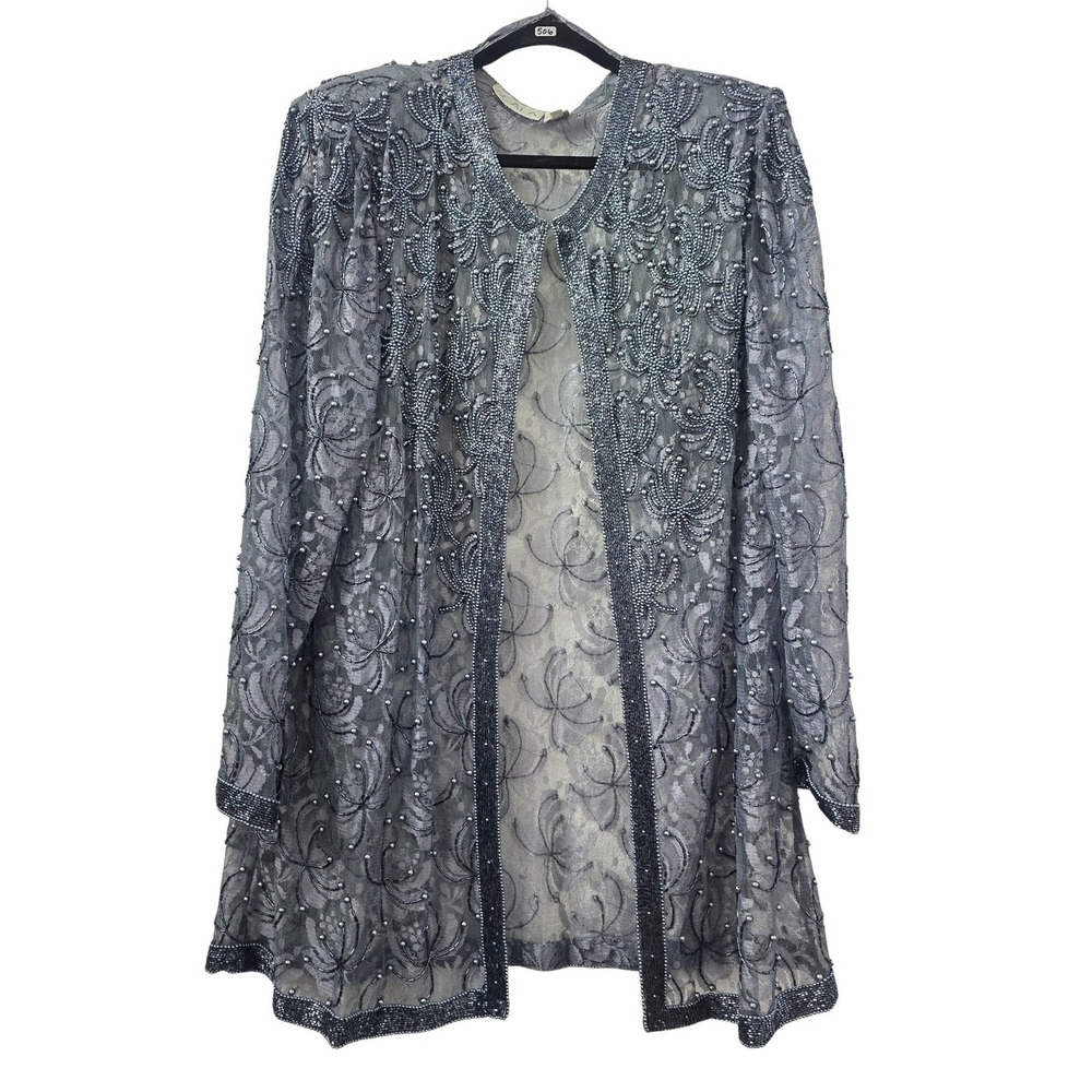 Gray‎ Vintage Beaded Sequin Regency Glamorous Party Sheer Blazer Jacket Plus 2XL